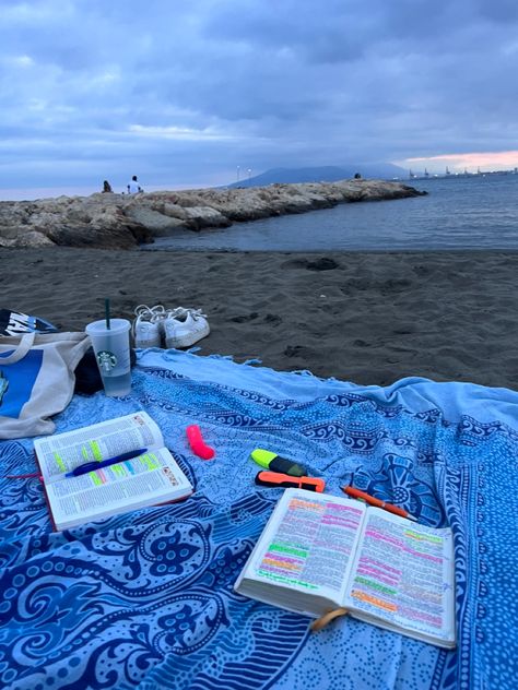 #bible #beach Beach Bible Study With Friends, Bible Beach Aesthetic, Bible On Beach, Bible Study On The Beach, Beach Activities Aesthetic, Beach Worship, Beach Bible Study, Bible Date, Bible Study Date