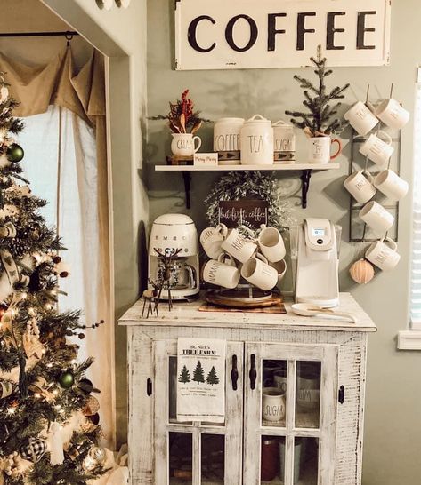 Shabby Chic Coffee Bar, Cottage Coffee Bar, Chic Coffee Bar, Rec Room Basement, Coffee Bar Ideas, Coffee Stations, Farmhouse Coffee Bar, Home Coffee Stations, Coffee Bars