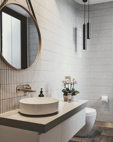 The curved wall, feature tiles and brass details....so much to love about this bathroom by @taylorpresslyarchitects in their Oreo project,… White Kitkat Tiles Bathroom, Kitkat Tiles Bathroom, Japandi Toilet, Bathroom Tiles White, Kitkat Tiles, Cloakroom Bathroom, Scandi Bathroom, Downstairs Wc, White Mosaic Tile