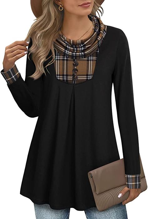 Timeson Long Tunic Tops for Women To Wear With Leggings,Fashion Cowl Neck Plaid Ladies Sweatshirts Women's Cotton Swing Thick Sweaters for Winter Flowy Plus Size Flannel Tunics Dressy Christmas Shirts at Amazon Women’s Clothing store Tops With Buttons, Long Tunics For Women, Winter Tunic, Flannel Fashion, Black Houndstooth, Matching Leggings, Tunic Shirt, Long Sleeve Tunic, Cozy Knits