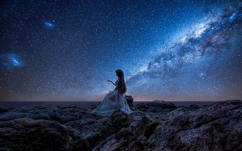 My Everlasting Song - (Thanks for 150,000 Views for my Rina)  Cape Saunders, Dunedin, New Zealand.    "You are my everlasting song. Come fly with me."    Three galaxies in the sky, one Goddess beside the sea. And a wing of stars on her back. Fairy Light Photography, Pleiadian Starseed, Sky Portrait, Nikon D810, Computer Graphics, Star Sky, Moon Art, Animal Wallpaper, Starry Sky