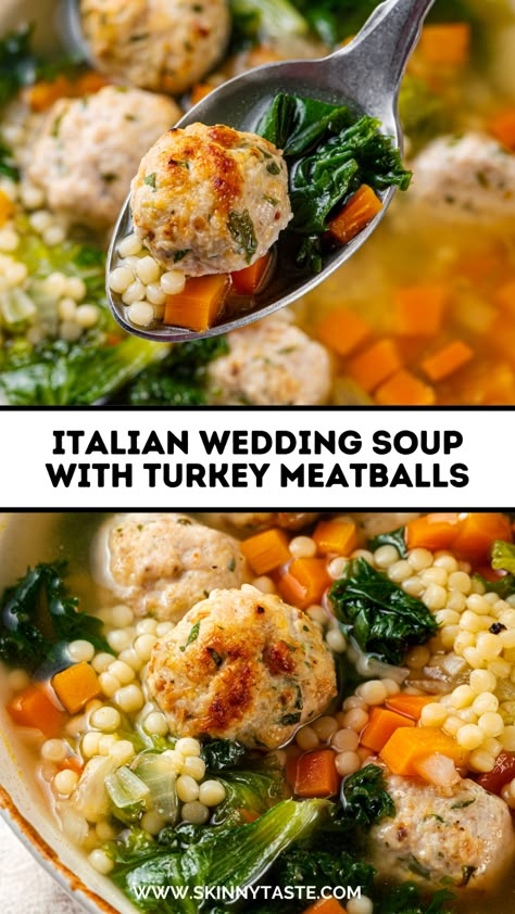 Turkey Meatballs For Soup, Italian Wedding Soup With Turkey Meatballs, Italian Wedding Soup Turkey Meatballs, Easy Wedding Soup Recipe, Turkey Meatball Soup Recipes, Best Italian Wedding Soup Recipe, Italian Turkey Recipes, Easy Wedding Soup, Skinnytaste Soup