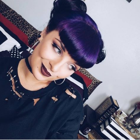 Punk Space Buns, Goth Space Buns, Purple Goth Hair, Purple Hair Goth, Bettie Bangs, Spooky Hair, Betty Bangs, Purple Goth, Goth Stuff