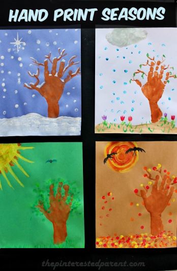 Kid's Hand Print Seasons - hand & finger print arts & crafts project with winter, spring, summer & fall autumn trees. Painting Seasons Preschool Activities, Tree Crafts For Kids, Winter Tree Crafts, Four Seasons Art, Seasons Preschool, Movement Cards, Preschool Thanksgiving, Thanksgiving Crafts Preschool, Prints Ideas