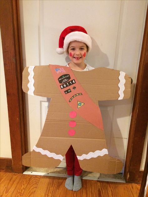 Christmas Cookie Costume Diy, Gingerbread Halloween Costume, Gingerbread Men Costumes Diy, Ginger Bread Man Costume Diy, Girl Scout Holiday Party, Christmas Play Costumes Diy, Diy Gingerbread Costume, Gingerbread Costume Diy, Gingerbread Man Halloween Costume