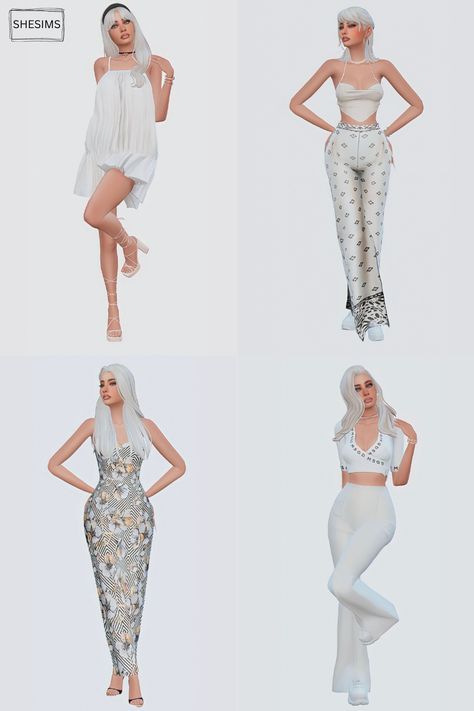 Sims 4 Cc White Dress, Sims 4 White Dress, White Bell Bottom Pants, Jius Sims, Sims 4 Cc Lookbook, Cc Lookbook, Sims Finds, Sims Outfits, Cc Clothing