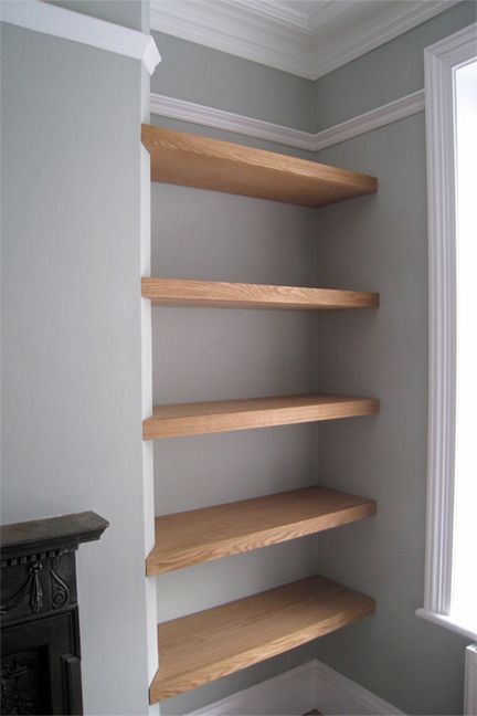 Wooden built-in shelves on each side of fireplace Alcove Shelves, Alcove Shelving, Shelves Ideas, Regal Design, Front Rooms, Floating Shelves Diy, Living Room Shelves, Room Shelves, Room Deco