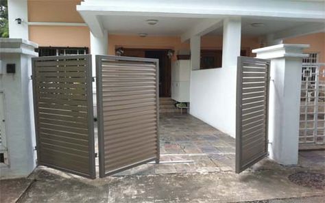 Bi folding gate Bi Folding Driveway Gates, Folding Gate Design Modern, Folding Gate Design Modern Entrance, Carport Fence, Folding Gate Design, Gate Design Modern Entrance, Gate Design Modern, Folding Gate, Grill Gate