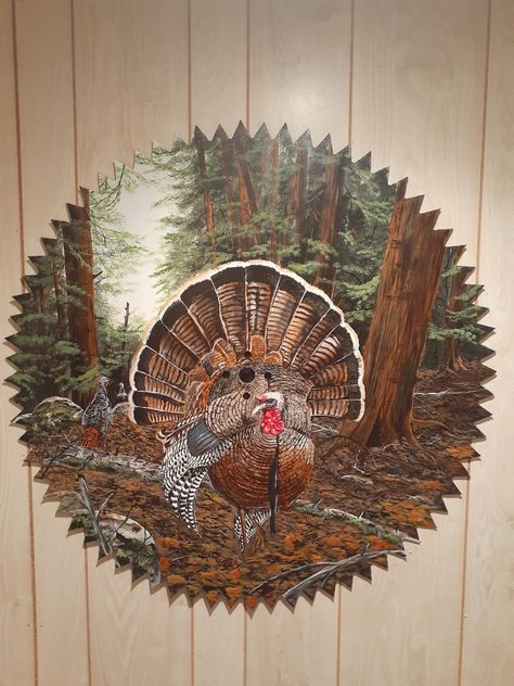 Artist friend painted this turkey scene on a 36" diameter antique saw blade Hand Painted Saw Blades, Hunting Painting Ideas, Old Saw Blades Ideas Paintings, Painted Saw Blades Ideas, Handpainted Saws, Painted Saw Blades, Saw Painting, Saw Blade Art, Painted Sawblades