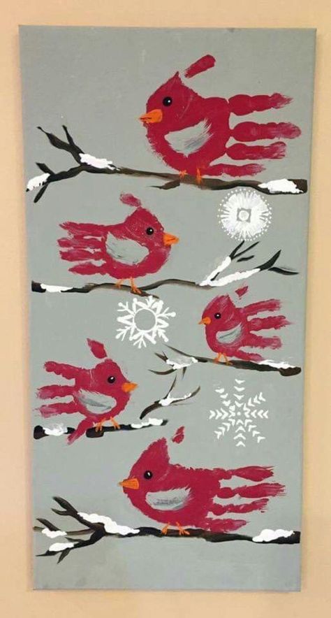 Winter Kindergarten Decoration, Cardinal Handprint Craft Kids, Winter Clothes Activities For Toddlers, Toddler Christmas Painting, Kindergarten Painting, Winter Crafts Preschool, Holiday Art Projects, Christmas Art Projects, December Crafts