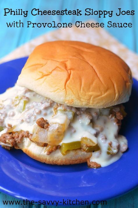 Philly Cheesesteak Sloppy Joes with Provolone Cheese Sauce | The Savvy Kitchen | Bloglovin’ Provolone Cheese Sauce, Cheesesteak Sloppy Joes, Steak Sliders, Homemade Sloppy Joe Sauce, Cheesesteak Sandwiches, Recipe Ground Beef, Philly Cheesesteak Sloppy Joes, Joe Bar, Chicken Cheesesteak