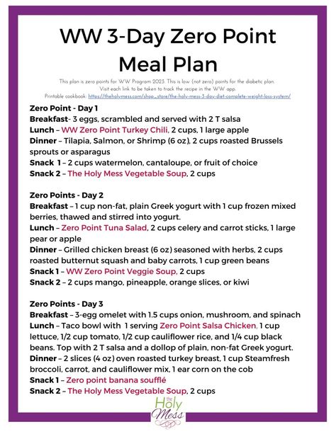 Weight Watchers 3 Day Zero Point Meal Plan Printable - The Holy Mess Weight Watcher Snacks, Weight Watchers Food Points, Weight Watchers Menu, Meal Plan Printable, Weigh Watchers, Weight Watchers Program, Weight Watchers Plan, Plats Weight Watchers, Weight Watchers Tips