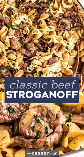 The Ultimate Beef Stroganoff is the most soul-warming comfort food around!  Tender beef strips, mushrooms and onions are smothered in a rich, beefy gravy and tossed with egg noodles.  Ready in about 30 minutes, it's a fabulous weeknight dinner option! #beef #beefstroganoff #stroganoff #comfortfood #dinner #weeknight #30minute #easyrecipe 30 Minute Beef Stroganoff, Rustic Beef Stroganoff With Egg Noodles, Instant Pot Recipes Beef Stroganoff, Bison Stroganoff, Slow Cook Beef Stroganoff, Instapot Beef Stroganoff, Beef Stroganoff Allrecipes, Beef Stronganoff, The Chunky Chef