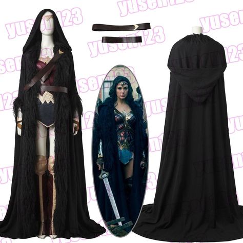 Wonder Woman's Black Long Poncho Cape . Clothing included: cape, shoulder strap, belt ( not including inside clothing ). Asian Size: XS, S, M, L, XL, XXL OR custom made ( adult only ). Color: black. | eBay! Black Fantasy Costume For Comic-con, Extreme Cosplay, Black Cape For Larp, Cape Clothing, Wonder Woman Cape, Wonder Woman Original Costume, Black Long Sleeve Cape For Larp, Fairy Halloween Costume, Voodoo Costume