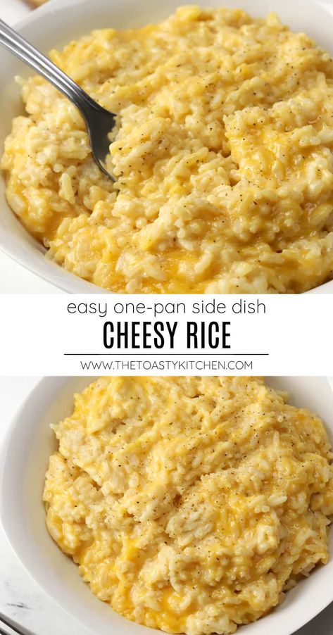 Cheesy rice recipe by The Toasty Kitchen. Cheesy rice is a comforting, creamy side dish that's easy to pair with your favorite main course. With just a handful of simple ingredients, you can whip up a batch of cheesy rice on the stovetop today. #cheesyrice #cheeserice #sidedish #homemadecheesyrice #recipe Rice Comfort Foods, Easy Things To Make For Dinner For 1, Easy Cheesy Rice Recipes, Good White Rice Recipes, Homemade Cheesy Rice, Cheesy Rice Pilaf, Cheesy Rice In Rice Cooker, Cheesy White Rice, Healthy Cheesy Rice