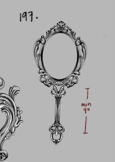 Vintage Mirrors Tattoo, Baroque Mirror Tattoo, Hand Held Mirror Drawing, Vintage Hand Mirror Drawing, Antique Mirror Drawing, Hand Mirror Tattoo Design, Tiny Mirror Tattoo, Vintage Jewelry Tattoo, Victorian Mirror Drawing