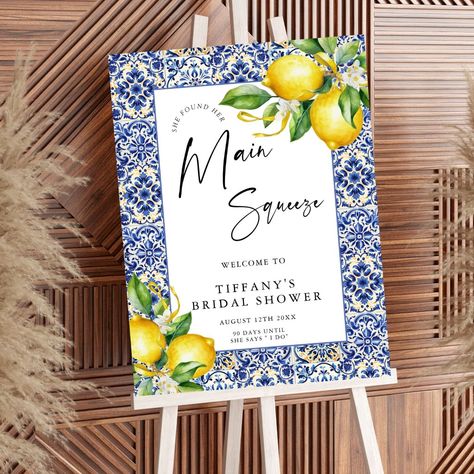 Mediterranean  Lemons Bridal Shower Welcome Sign Tiffany Bridal Shower, Tiffany's Bridal, Italian Theme, Shower Foam, Blue Theme, Blue Tile, Bridal Shower Welcome Sign, Shower Welcome Sign, Bridal Shower Signs