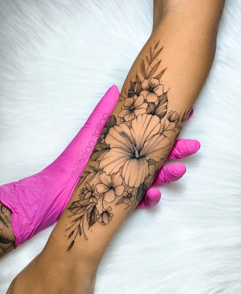 Hibiscus Flower Half Sleeve Tattoo, Hawaiian Flower Mandala Tattoo, Womens Back Of Calf Tattoo, Tropical Floral Tattoo Sleeve, Hawaiian Orchid Tattoos, Peony And Hibiscus Tattoo, Tropical Hand Tattoo, Hibiscus Forearm Tattoo, Hawaii Flower Tattoo Plumeria