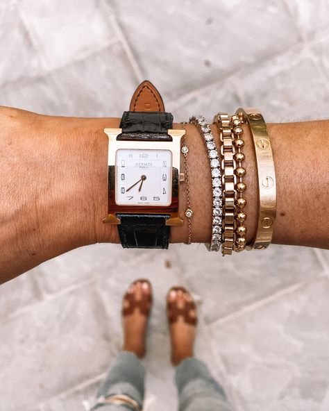 Layered Watch And Bracelets, Watch Layered With Bracelets, How To Layer Bracelets With A Watch, Hermes Clic H Bracelet Stack, Hermes Gold Bracelet, How To Layer Bracelets, Stacked Bracelets With Watch, Hermes Bracelet Stack, Love Ring Stack