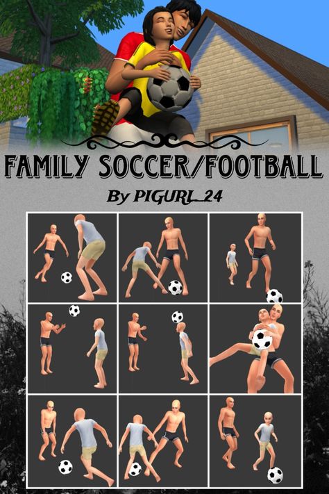 Hello everyone! This pose pack shows a father teaching his son how to play football.

The package contains 9 poses + 2 all poses in one. Sims 4 Wheelchair Pose, Sims 4 Football Poses, Father Daughter Poses, Sims4 Poses, Sims Poses, Ts4 Poses, Football Poses, 4 Poses, Family Poses