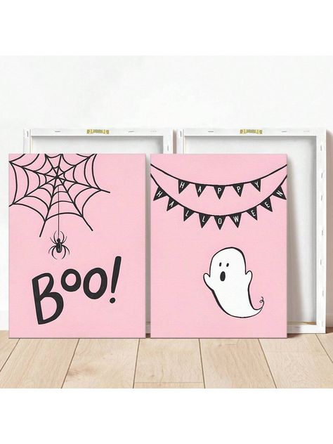 6pcs/Set Halloween Posters, Pink Halloween Decor, Boo Wall Art, Happy Halloween Print, Kids Halloween Wall Art, Cute Ghost , Wall Decor For Bed Room Multicolor Modern   Canvas Animal,Halloween,Letter Hanging Painting   Home Decor, size features are:Bust: ,Length: ,Sleeve Length: Cute Fall Canvas Paintings Easy, Pink Halloween Canvas, Halloween Crafts On Canvas, Pink Halloween Painting Ideas, Pastel Halloween Painting, Kids Room Canvas Painting, Cute Easy Fall Paintings, Pink Halloween Painting, Halloween Canvas Paintings For Kids