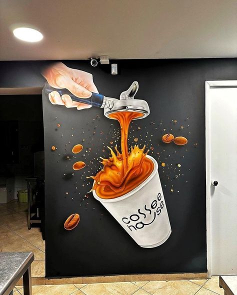 Coffee Wall Ideas, Restaurant Painting Ideas, Cafe Wall Ideas, Cafe Painting Ideas, Wall Painting For Cafe, Coffee Shop Wall Design, Restaurant Wall Painting Ideas, Cafe Wall Art Creative, Coffee Art Painting Ideas