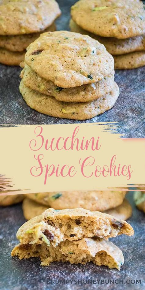 Zucchini Spice Cookies are a super soft and delicious spiced cookie with zucchini, raisins, and walnuts. #zucchini #cookies #softcookie #spiced #cinnamon #nutmeg #cloves #baking #HHrecipes #homemade #dessert Cookies With Raisins, Pumpkin Frosting, Zucchini Oatmeal Cookies, Zucchini Cookie Recipes, Spice Cookies Recipe, Spice Cookie Recipes, Zucchini Cookies, Zucchini Recipes Dessert, Baked Cookies