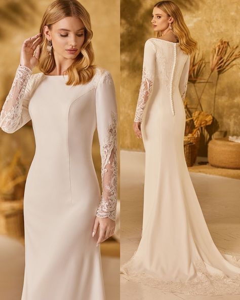 Here comes Moonlight Modesty M5055, an elegant mermaid gown for all our lovely brides-to-be planning on religious nuptials. The luxe crepe gown features a chic bateau neck and long sleeves, with ornate re-embroidered floral lace appliques with sequins adorning the shoulders and sleeves. With its cutout lace sweep train and sleek crepe fabric, M5055 is THE modest yet elegant gown for small weddings held in churches, chapels, or temples. #modestweddingdress #crepeweddingdress #mermaidweddingdress Mermaid Bride Dresses, Modern Mermaid, Modest Wedding Dresses With Sleeves, Illusion Sleeves, Bride Dress Simple, Crepe Wedding Dress, Bridal Gowns Mermaid, Crepe Gown, Fit And Flare Wedding Dress