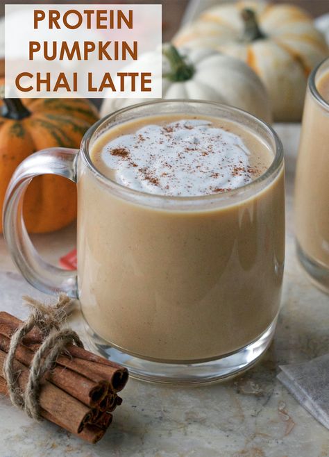 Protein Pumpkin Chai Latte - 25 grams of protein per 12 oz serving! This latte is healthier than your average Starbucks Pumpkin Spice Latte and I love the flavor of the chai tea instead of espresso. Pumpkin Spice Chai Latte, Pumpkin Chai Latte, Pumpkin Spice Chai, Homemade Chai, Starbucks Pumpkin Spice, Expensive Coffee, Homemade Pumpkin Spice, Homemade Pumpkin Puree, Pumpkin Chai