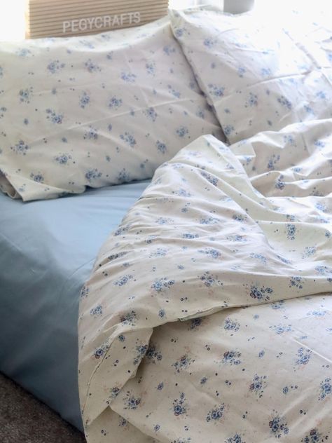 Blue Floral Duvet Cover Set, Coquette Cotton Full/queen Duvet Cover, Pillowcase, Flat Sheet - Etsy Canada Blue Floral Bedspread, Blue Flower Duvet Cover, Blue And White French Bedroom, Blue Flower Bed Sheets, Blue Bed Aesthetics, Floral Bedding Aesthetic, Light Blue Sheets, Light Blue Duvet Cover, Blue Bedsheet