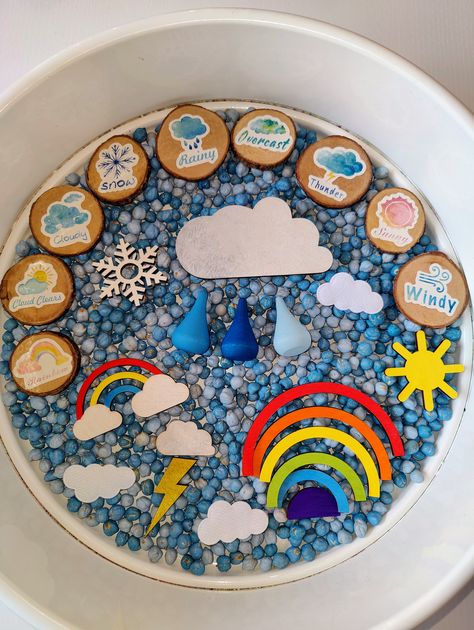 Weather Sensory Play, Rainy Day Sensory Bin, Cloud Sensory Bin, Weather Sensory, Shapes Sensory Bin, Earth Day Sensory Bin, Sensory Box Ideas, Weather Sensory Bin, Back To School Sensory Bin