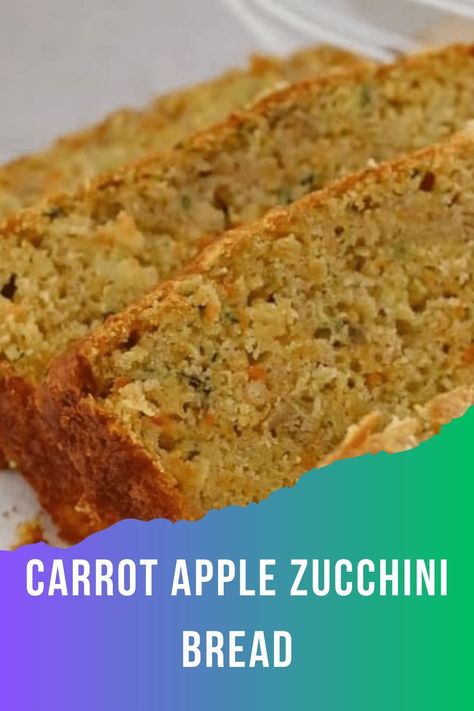 This Carrot Apple Zucchini Bread recipe is incredibly moist and flavorful! Vibrant colors from the carrot, apple, and zucchini makes this quick bread irresistible! Sure to be a new favorite! Love zucchini? Try these Zucchini Carrot Oatmeal Cookies and Zucchini Spice Cake! I took two loaves of this Carrot Apple Zucchini Bread to the swim Carrot Apple Zucchini Bread Recipe, Carrot Apple Zucchini Bread, Zucchini Spice Cake, Carrot Oatmeal Cookies, Apple Quick Bread, Apple Zucchini Bread, Carrot Oatmeal, Sweet Quick Bread, Apple Zucchini