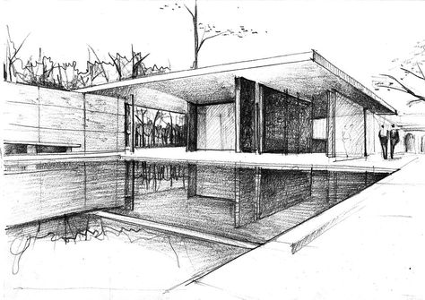 Mies Van Der Rohe Drawings, Van Der Rohe Architecture, Mies Van Der Rohe Architecture, Dance Drawings, Sketch Perspective, Barcelona Pavilion, Architecture Sketches, Perspective Drawing Architecture, Architect Drawing