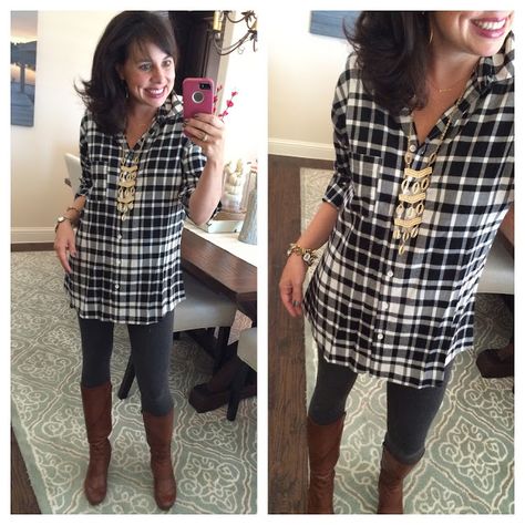 Let's Talk TUNICS! Black and white plaid top with grey leggings and cognac boots! Plaid Tunic Outfit, Tunic Outfit Winter, Plaid Shirt Outfits, Tunic Outfit, Tunics With Leggings, Tunic Leggings, Tunic Shirt Dress, Plaid Tunic, Love Clothing