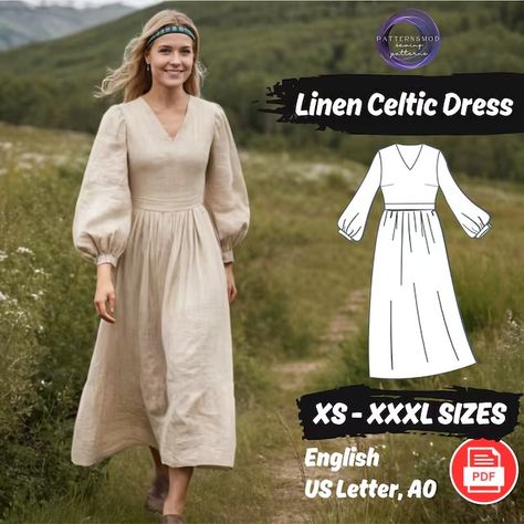 PatternsMod - Etsy Linen Clothes Sewing Patterns, Celtic Dress Pattern, Bishop Sleeve Dress Pattern, Sewing Maxi Dress, Womens Dress Sewing Pattern, Tea Dress Pattern, Maxi Dress Sewing Pattern, Maxi Dress Sewing, Linen Summer Outfits