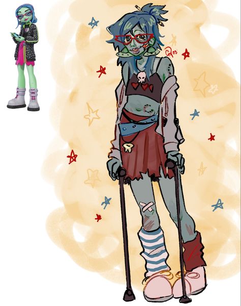 Monster High Disabled, Monster High Ghoulia Fanart, Ghoulia Redesign, Ghoulia Yelps Fanart, Doll Drawing Reference, Ghoulia Fanart, Monster High Oc Art, Disabled Character Art, Disabled Oc