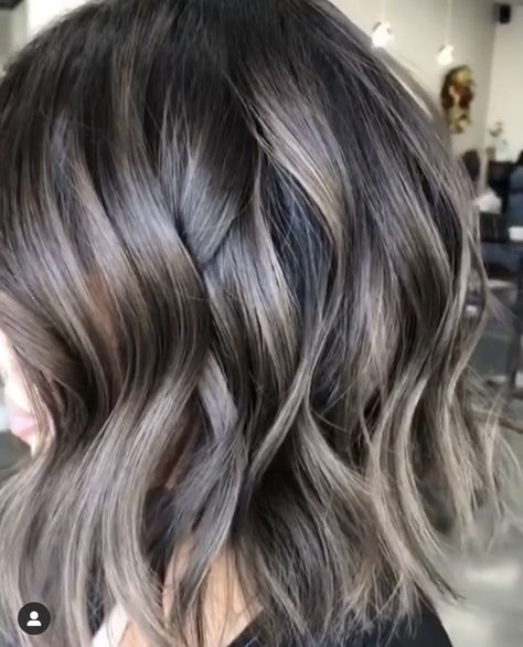 Brunette Bayalage Dark, Bayalage To Blend Gray Hair, Bayalage Cool Tone Brunettes, Dark Brunette Grey Blending, Dark Hair With Babylights Ash Brown, Hilites On Brown Hair, Brunette Babylights Ash Brown, Ashy Babylights On Dark Hair Short, Dark Brunette With Babylights