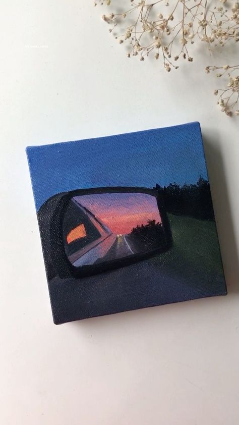 Anju | gouache,acrylics’s Instagram profile post: “Objects in the mirror are closer than they appear😊😍 Acrylic on 5*5 inch stretched canvas DM to purchase #instareels #artist #sunset…” Acrylic Mirror Painting, Acrylic Object Painting, Mirror Painting, Acrylic Mirror, Mini Canvas, The Mirror, Stretched Canvas, Painting Ideas, Creative Art