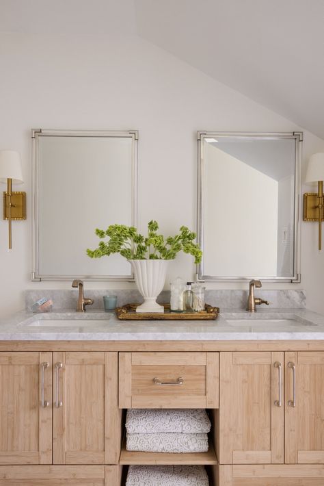 **Make Space on the Vanity Top** Architectural Digest Bathroom, Natural Wood Bathroom, Natural Wood Bathroom Vanity, Industrial Sink, Modern Beach House Decor, Bathroom Vanity Ideas, Wood Bathroom Vanity, Vanity Ideas, Blue Bath