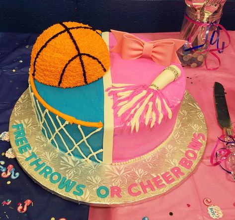 Free Throws Or Cheer Bows Baby Reveal Cake Bows Or Free Throws Gender Reveal, Sports Gender Reveal Ideas, Free Throws Or Cheer Bows Gender Reveal, Gender Reveal Basketball Ideas, Free Throws Or Pink Bows Gender Reveal, Sports Gender Reveal, Baby Announcement Cake, Basketball Gender Reveal, Unique Gender Reveal Party Ideas