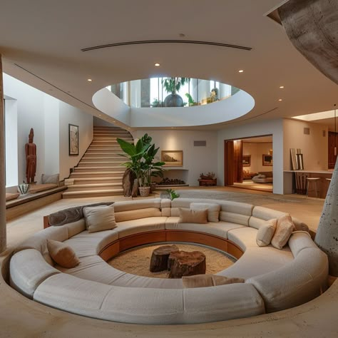 Round Sunken Living Room, Underground Living Room, Modern Conversation Pit, Conversation Pit Living Room, Sunk In Living Room, Sofa Pit, Underground Room, Living Room 70s, Case Studio