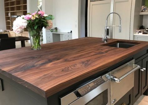 Black Walnut Countertop, Cottage Addition, Hardwood Countertops, Walnut Kitchen Island, Walnut Butcher Block Countertops, Walnut Countertop, Walnut Floating Shelves, Wood Countertops Kitchen, Kitchen Island Tops