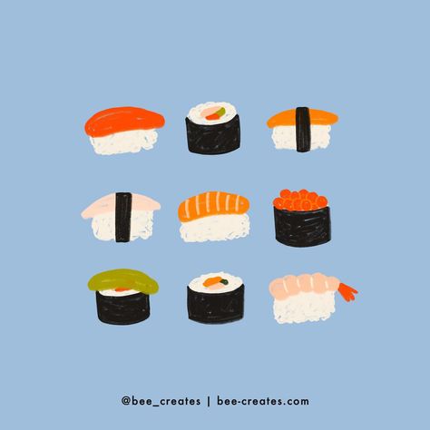 Comment your go to sushi order! I always love salmon belly anything 😋 SUSHI 6/100 for #100daysoftastyart #sushi #illustration #foodart #surfacedesign #surfacepatterndesign #surfacedesigner #foodillustration #theydrawandcook #sushiart #nigiri #sashimi #salmon #avocado #sushiroll #omakase #tuna Kawaii Sushi Stickers, Sushi Roll Illustration, Sushi Illustration Graphics, Sushi Drawing Easy, Sushi Graphic Design, Sushi Doodle, Sushi Ceramic, Sushi Painting, Salmon Drawing