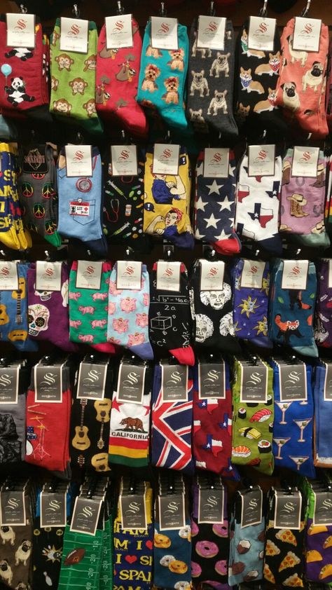 Socks and Soles.  Galleria mall bottom level, near Belk.  Each pair about $12 (ish) Galleria Mall, Sock Store, Pier 39, Sock Collection, Sock Outfits, Funky Socks, Sock Game, Fuzzy Socks, Crazy Socks