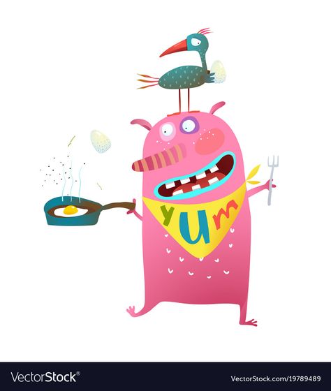 Hungry Monster, Cooking Illustration, Bird Vector, How To Cook Eggs, Single Image, Cool Cartoons, Birdy, Adobe Illustrator, Vector Images