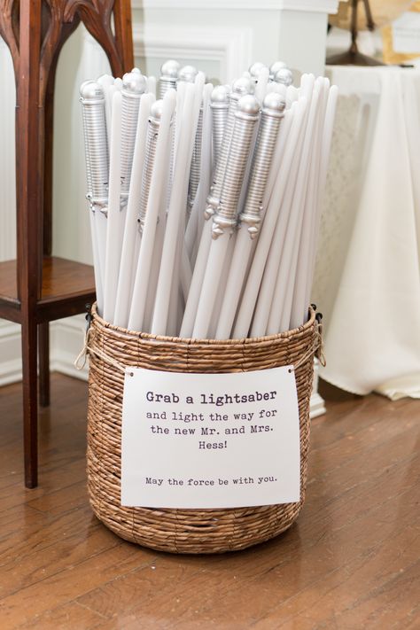 Star Wars Wedding Send Off, Star Wars Wedding Centerpieces Diy, Lightsaber Wedding Send Off, Fiber Optic Wand Wedding Send Off, Jedi Wedding, Wedding Exit Ideas Send Off, Lightsaber Wedding, Star Wars Wedding Favors, Star Wars Wedding Decorations