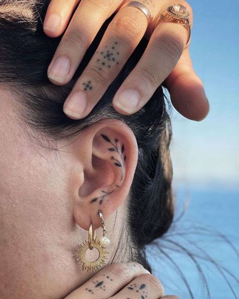 Ear Flower Tattoo, Inner Ear Tattoo, Button Tattoo, Earthy Tattoos, Lower Leg Tattoos, Discreet Tattoos, Subtle Tattoos, Black Ink Tattoos, Simplistic Tattoos