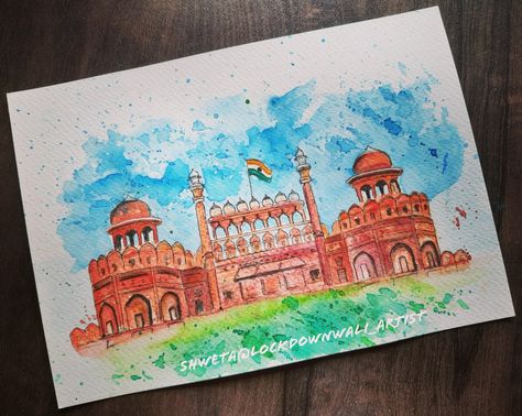 Watercolor Red Fort Independence Day Watercolour Drawing, Republic Day Watercolor Painting, Red Fort Drawing Sketch, Red Fort Drawing Easy, Red Fort Painting, Red Fort Sketch, India Watercolor Painting, Indian Monuments Drawings, Red Fort Drawing