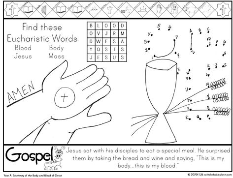 Coloring Page about the Eucharist as a part of the FREE weekly bulletin for Catholic Mass to help your kids learn at Mass. They will color, draw, read, and think about the Mass readings. This is a great addition to a Mass bag, Sunday School, CCD, or Faith Formation class. Kids will learn about the Gospel and Psalm readings, and a Catholic Saint each week. Parents and teachers can use these to help kids learn about the Catholic Mass. #catholic #catholicteacher #catholicmom Eucharist Coloring Page, Parts Of The Mass Activities, Eucharist Activities For Kids, Catholic Worksheets For Kids, Eucharist Craft Catholic For Kids, Third Grade Lesson Plans, Ccd Activities, Mass Activities, Catholic Kids Crafts