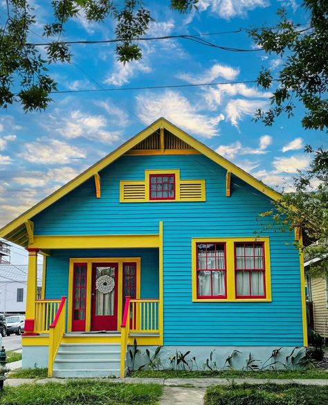 Bright House Exterior Paint Colors, Exterior House Colors Bright, Blue House Red Trim, Bright Exterior Paint Colors For House, Bright Colored Houses Exterior, Colorful Houses Exterior, Home Outside Colour Combination, Bold House Colors Exterior, House Outside Paint Colors Indian